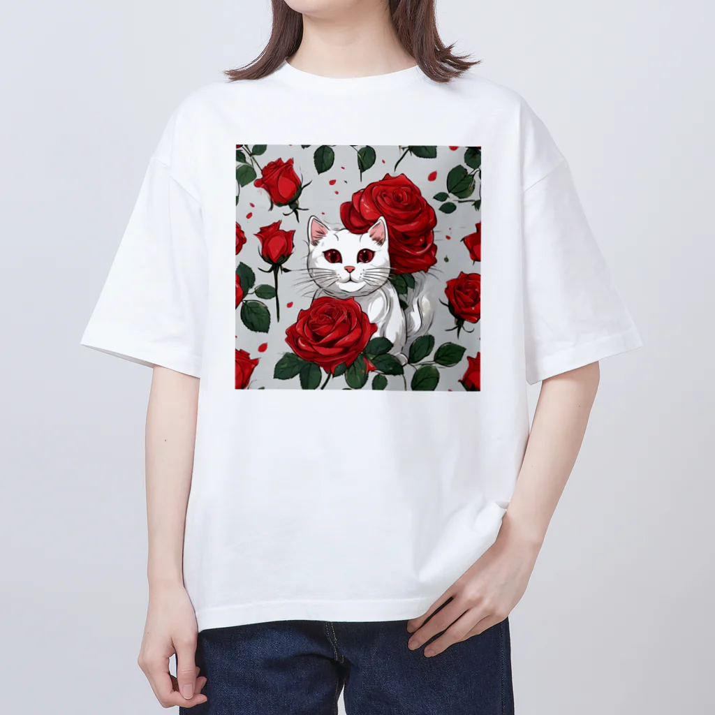 Feline-Bouquetの薔薇の中の猫 オーバーサイズTシャツ