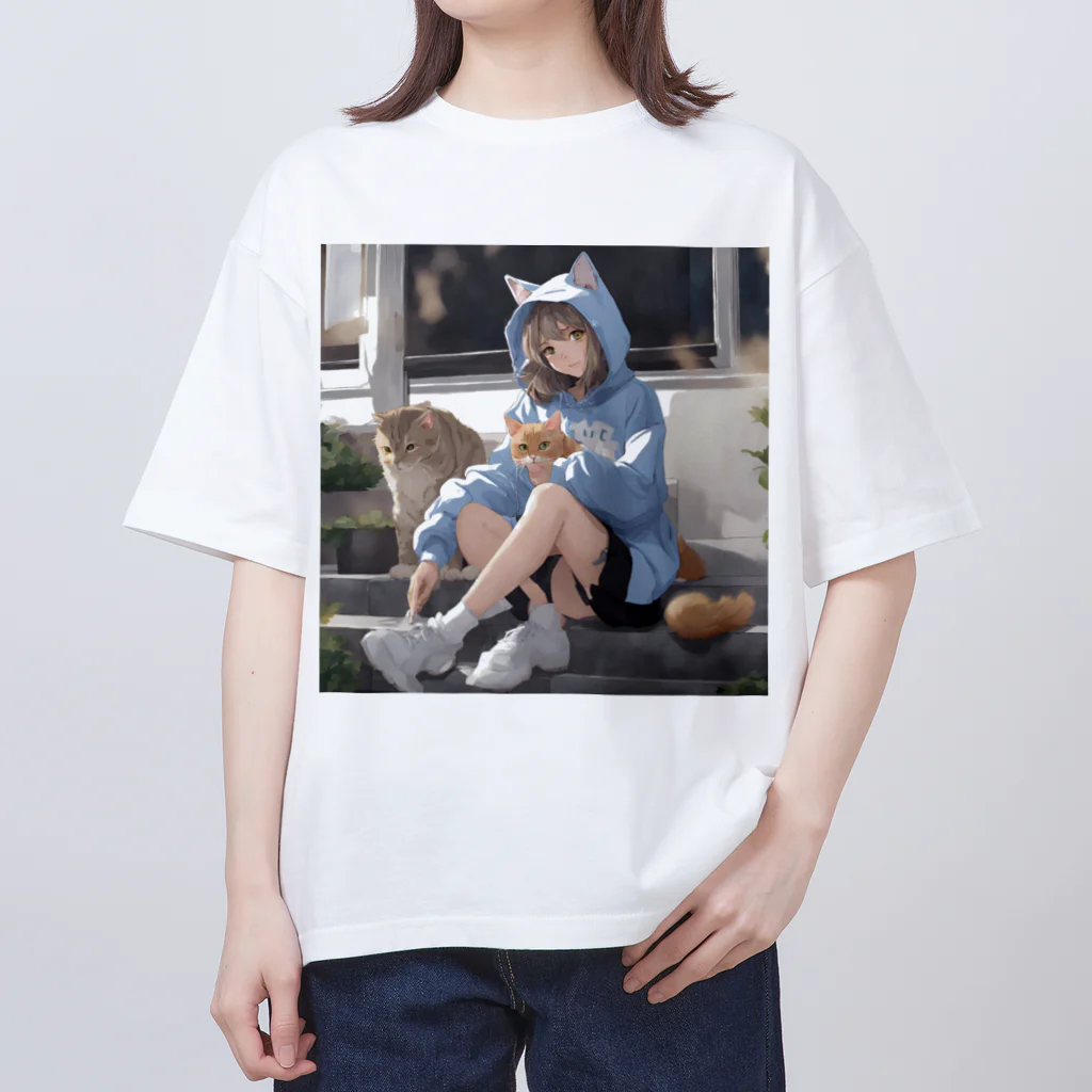 可愛いは正義！のネコミミパーカー　JK  猫と戯れ Oversized T-Shirt