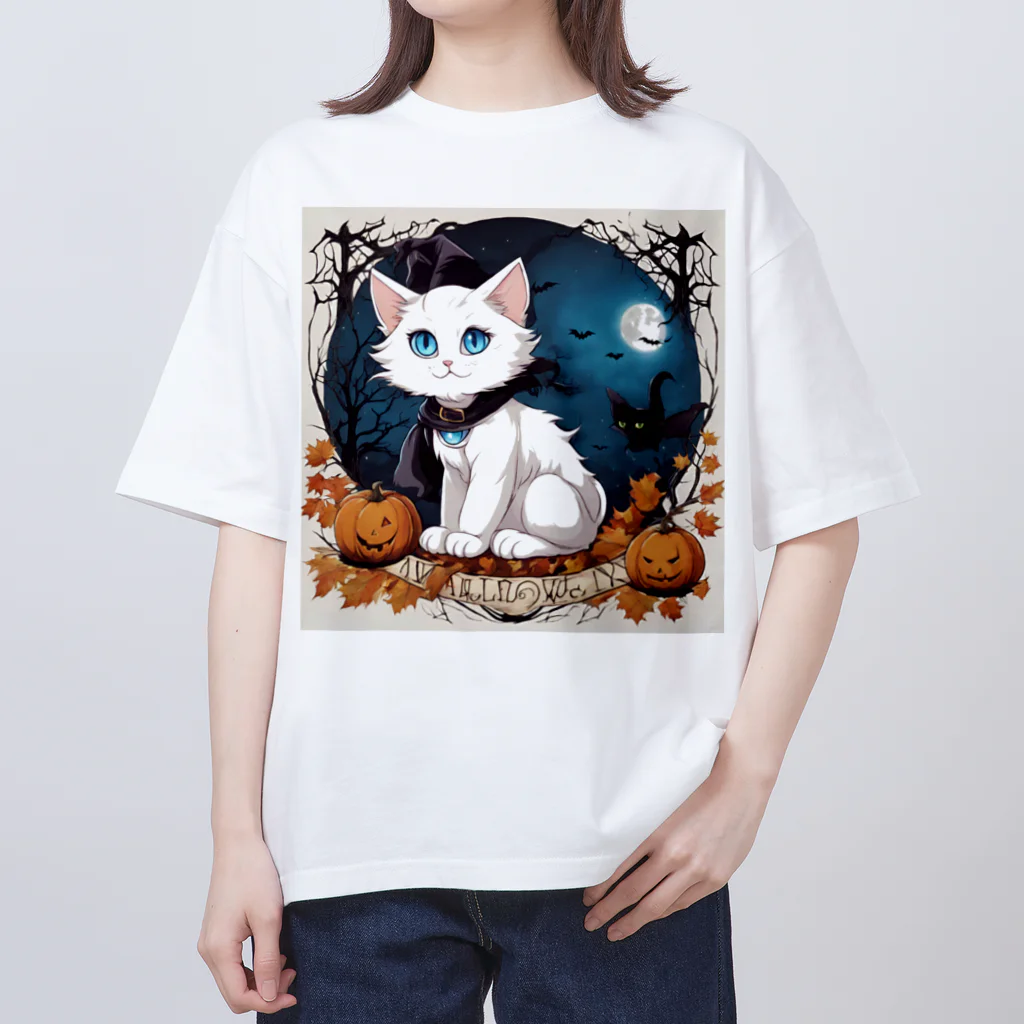 yoiyononakaのハロウィンの白猫08 オーバーサイズTシャツ