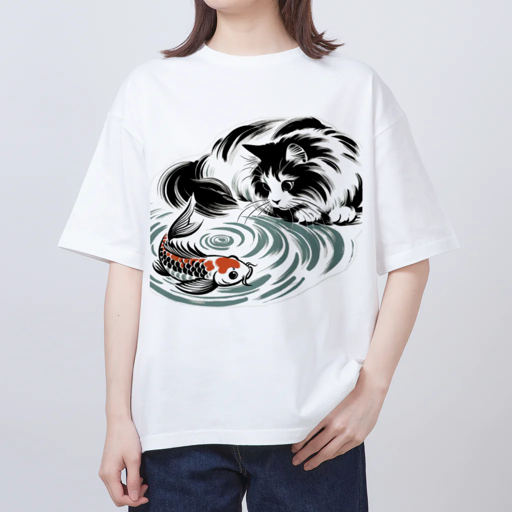 MakotOの猫と鯉（水墨画風） Oversized T-Shirt