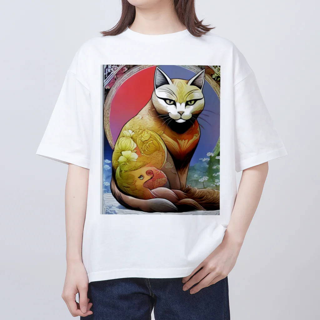 wawomotsuのねこあつめ 日本画風 可愛らしい猫たちのアートプリント オーバーサイズTシャツ