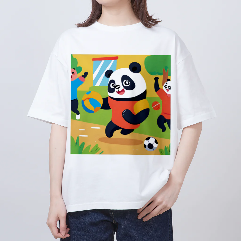 萌えキャラ大好きのバスケをするパンダイラストのグッズ オーバーサイズTシャツ