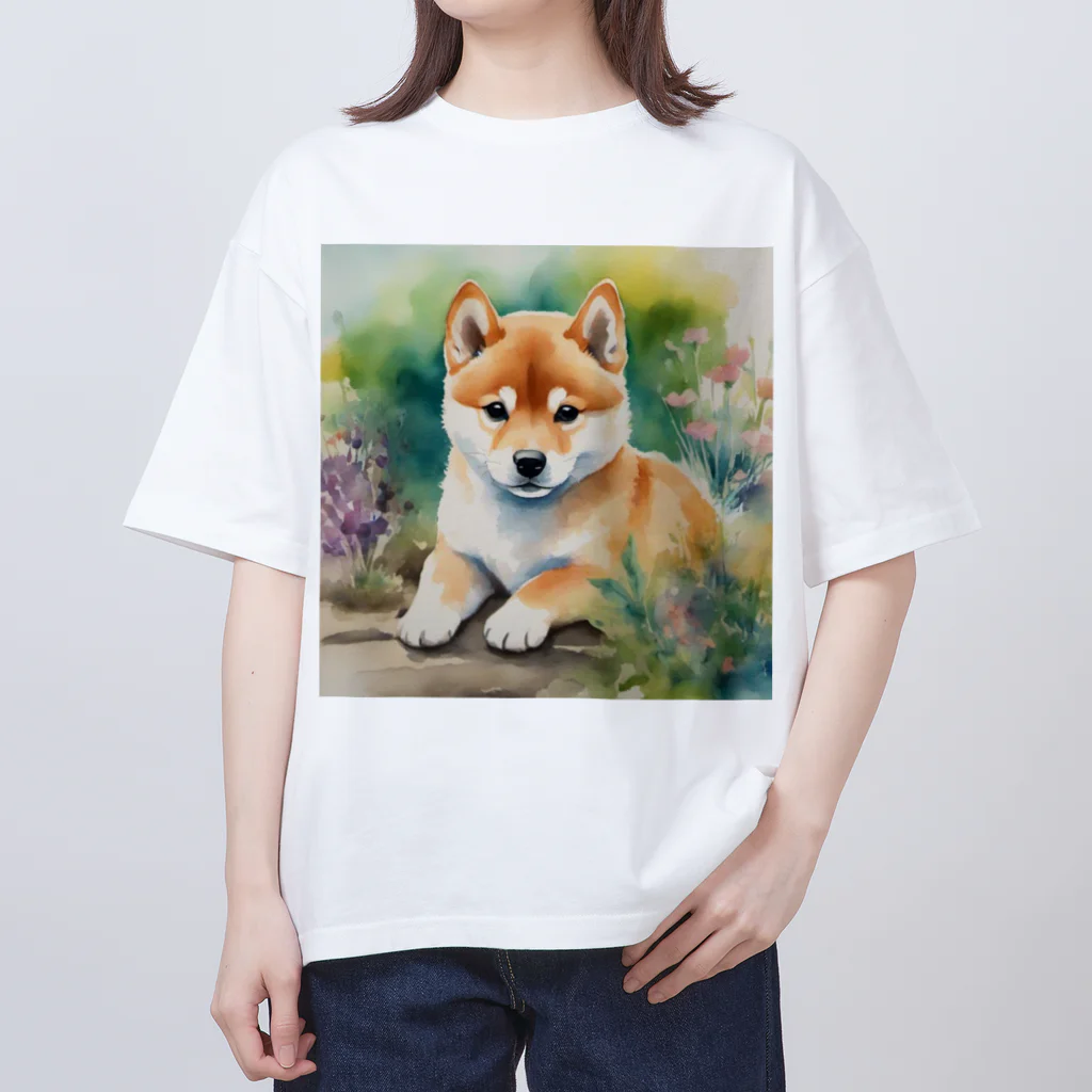 こころやすらぐの水彩子犬　柴犬 オーバーサイズTシャツ