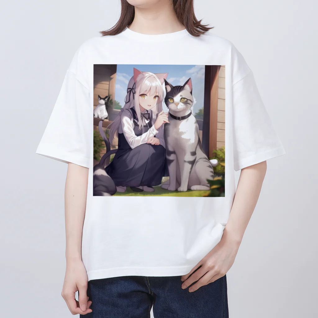 Tuki7の猫と猫耳少女 オーバーサイズTシャツ