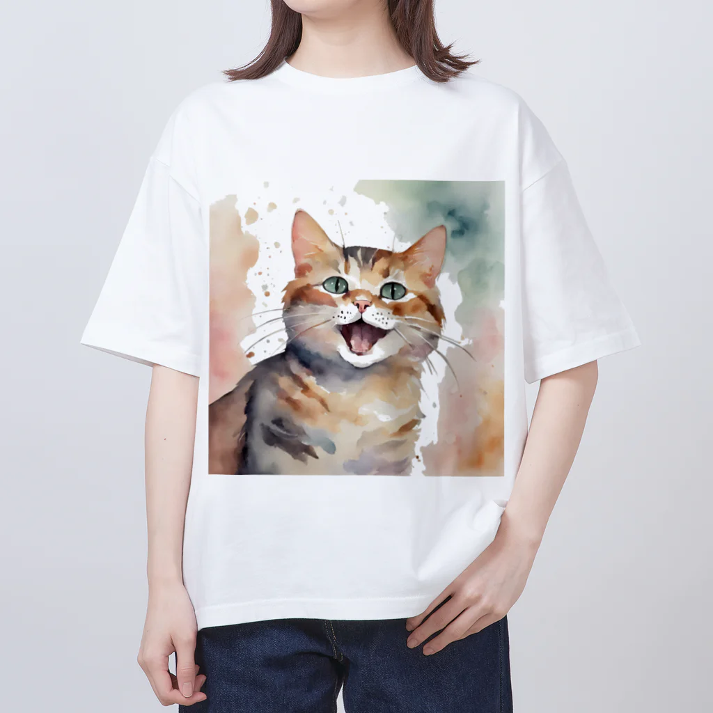 癒しの場｜Healing Placeの癒される幸せそうな猫の水彩画　A soothing and happy cat watercolor painting. オーバーサイズTシャツ