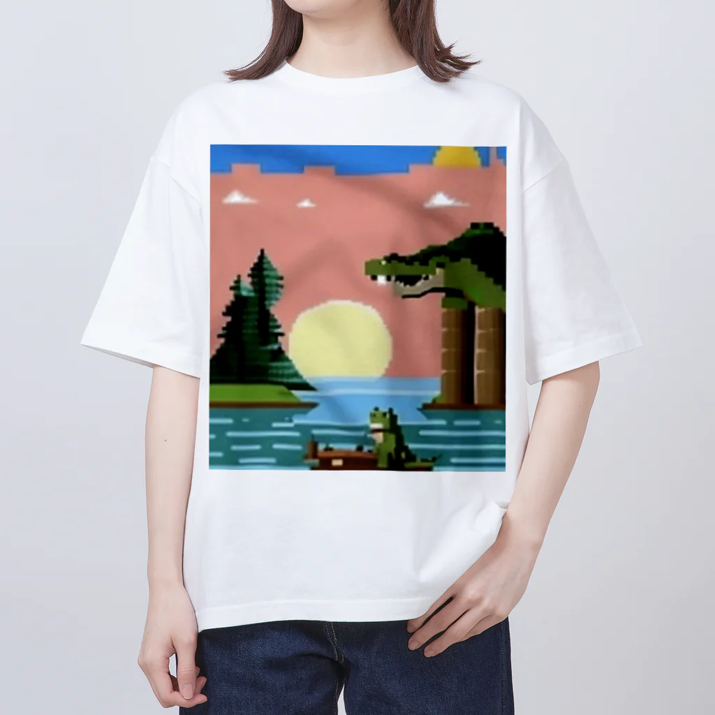 あったらいいなのドット絵のワニと湖畔の月 オーバーサイズTシャツ