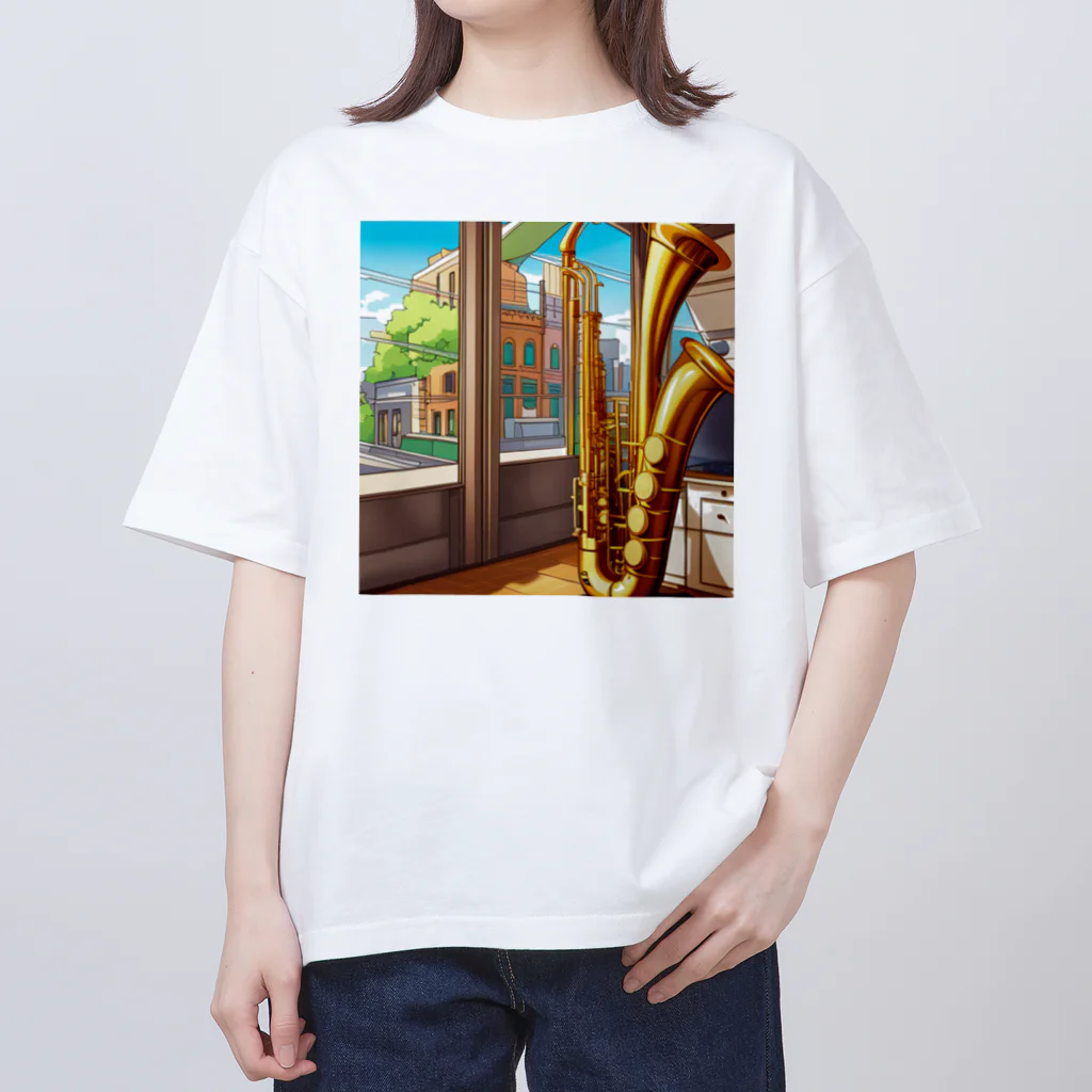 ほっこり絵音舎のバリトンサックスと風景 オーバーサイズTシャツ