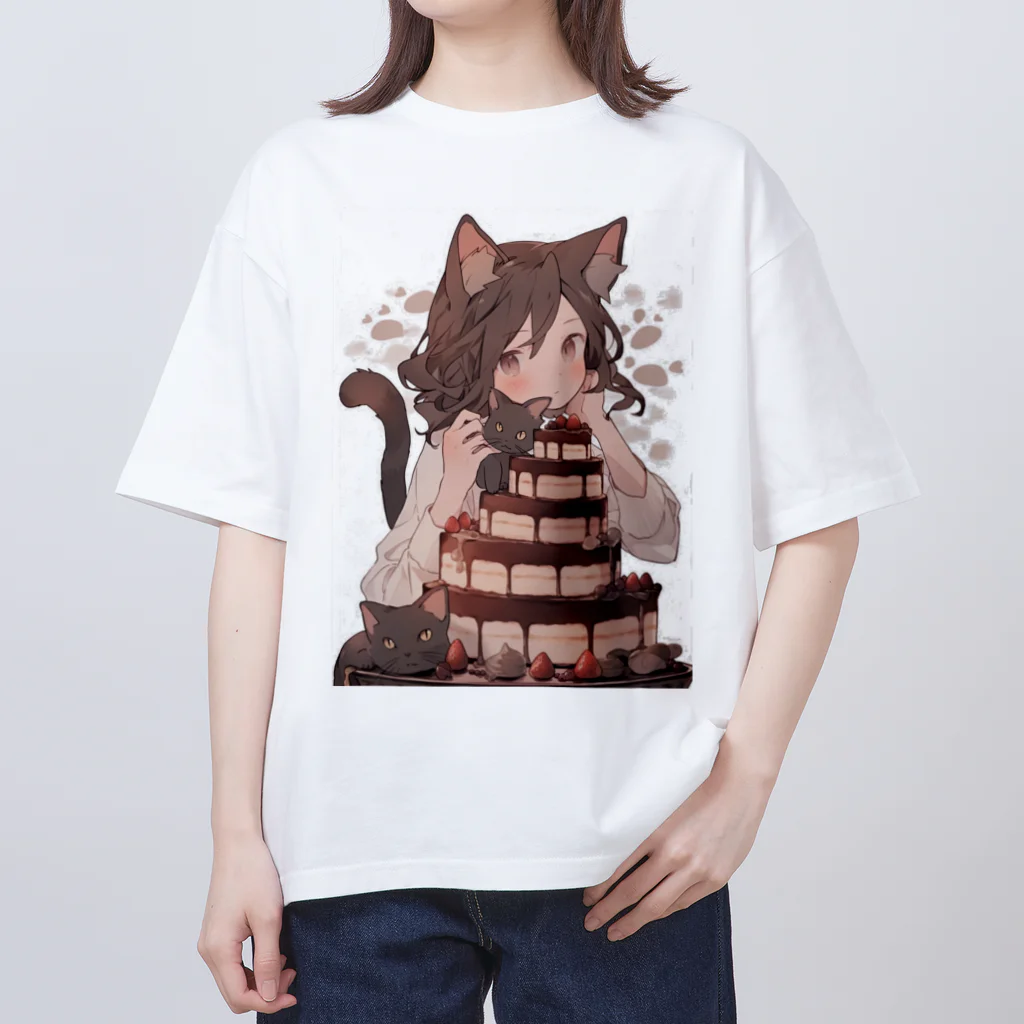 シロクマペンギンのネコちゃんとチョコレートケーキ Oversized T-Shirt