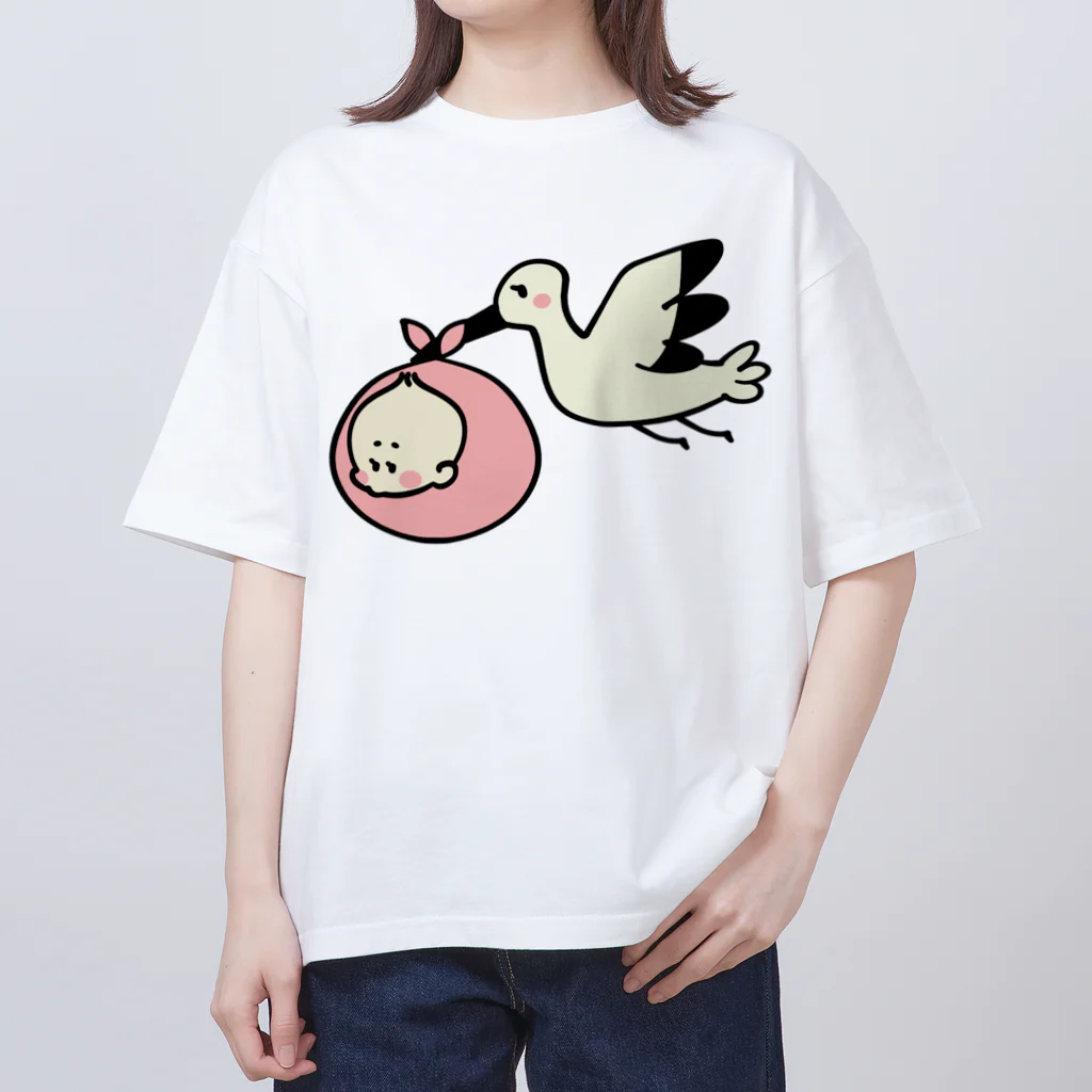 ゆちのへやのベビーを運ぶコウノトリのイラスト オーバーサイズTシャツ