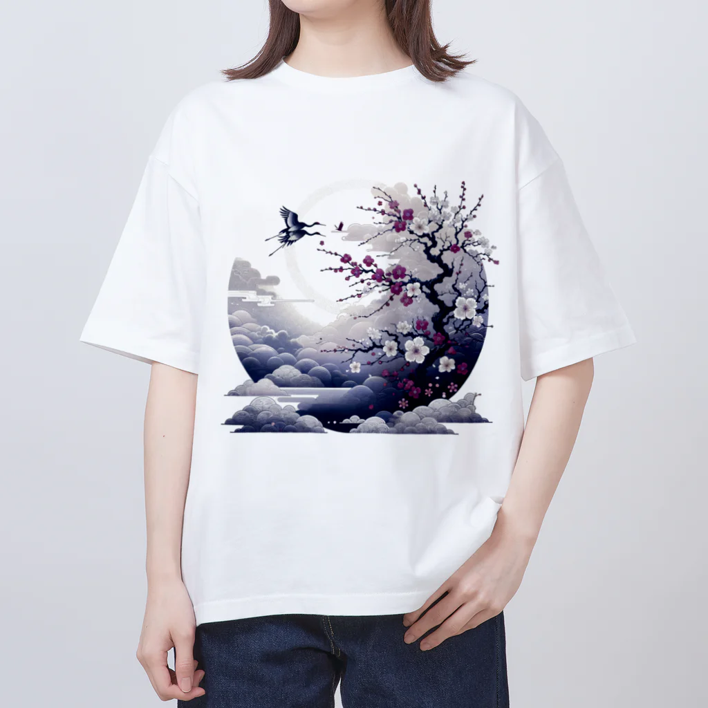 raio-nの白背景の和風夜景 - 月と梅と鶴 オーバーサイズTシャツ