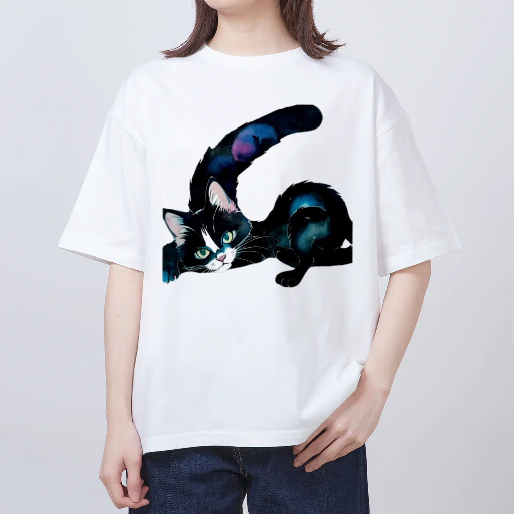 幸運のしっぽの黒猫と魔法の尻尾 Oversized T-Shirt