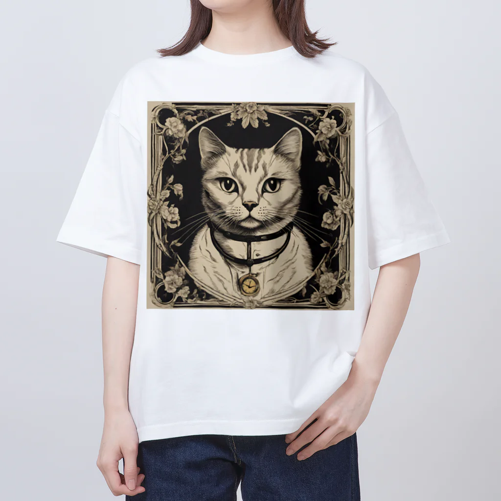 Asami アンティークのヴィンテージキャットアート・クラシックキャットキャンバス Oversized T-Shirt