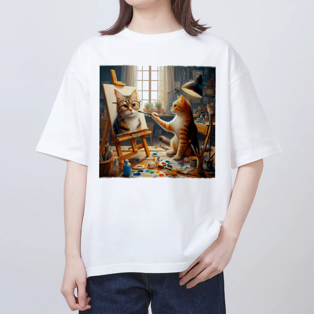 ニャーちゃんショップのネコを描くネコ オーバーサイズTシャツ