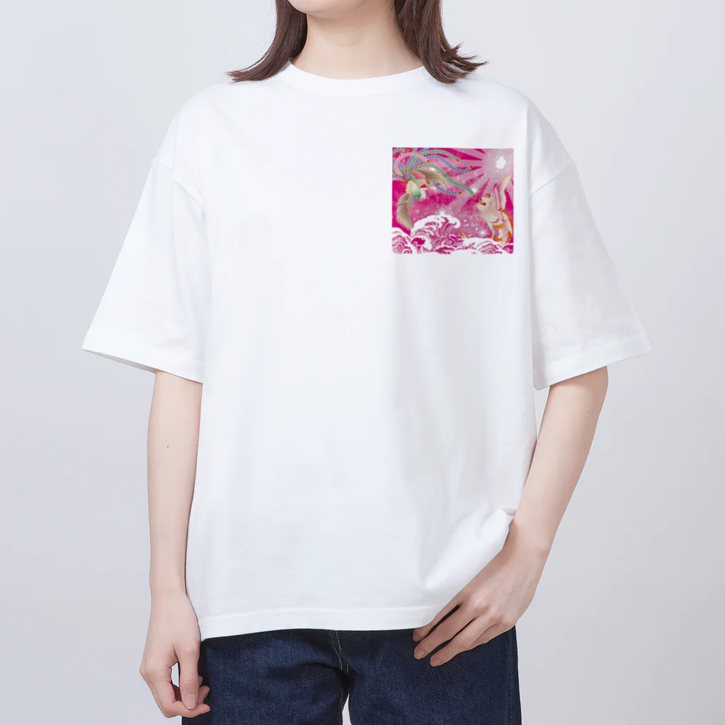 大漁旗　和柄のshopのピンク鳳凰　波　和柄 Oversized T-Shirt