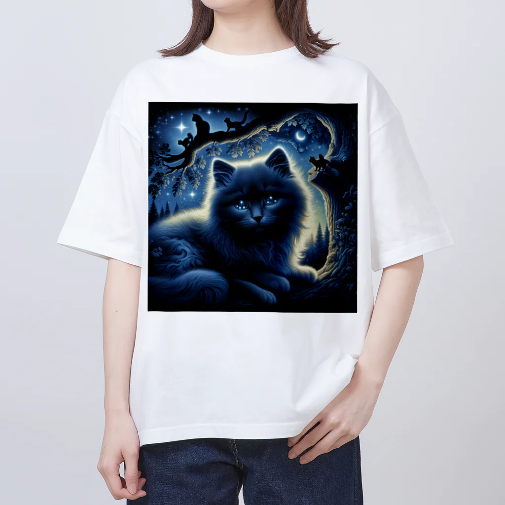 雑貨屋ちぃずの黒猫と夜空 オーバーサイズTシャツ