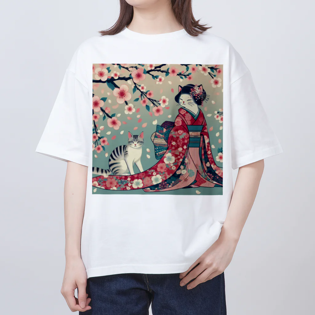 ParadigmStar　パラダイムスターの和風cat 見返り桜 オーバーサイズTシャツ