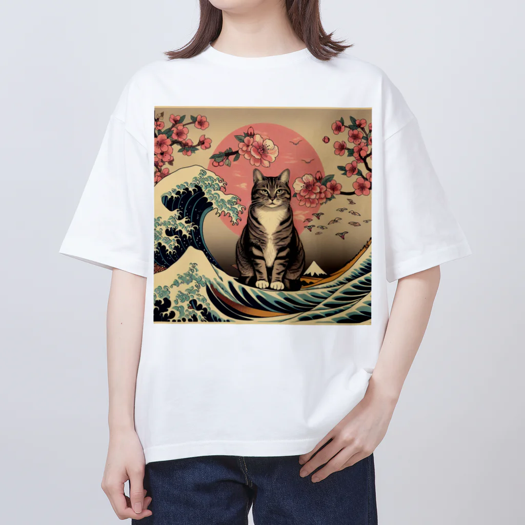 ParadigmStar　パラダイムスターの浮世絵猫　波桜 Oversized T-Shirt