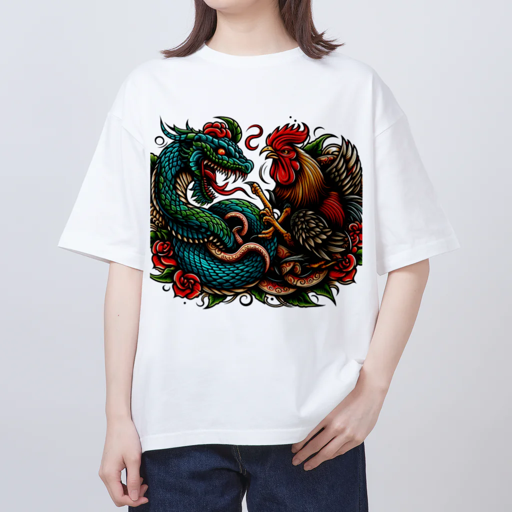 mitsu_tattooの鶏と蛇の喧嘩 オーバーサイズTシャツ