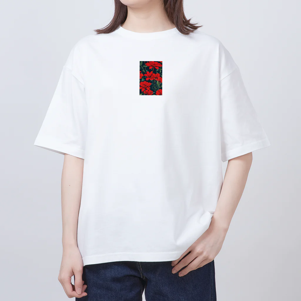 モノクロの赤花 オーバーサイズTシャツ