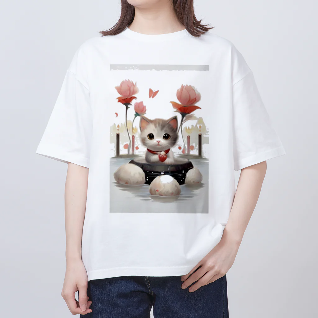 恥ずかしがり屋のねこショップの猫とお花 Oversized T-Shirt