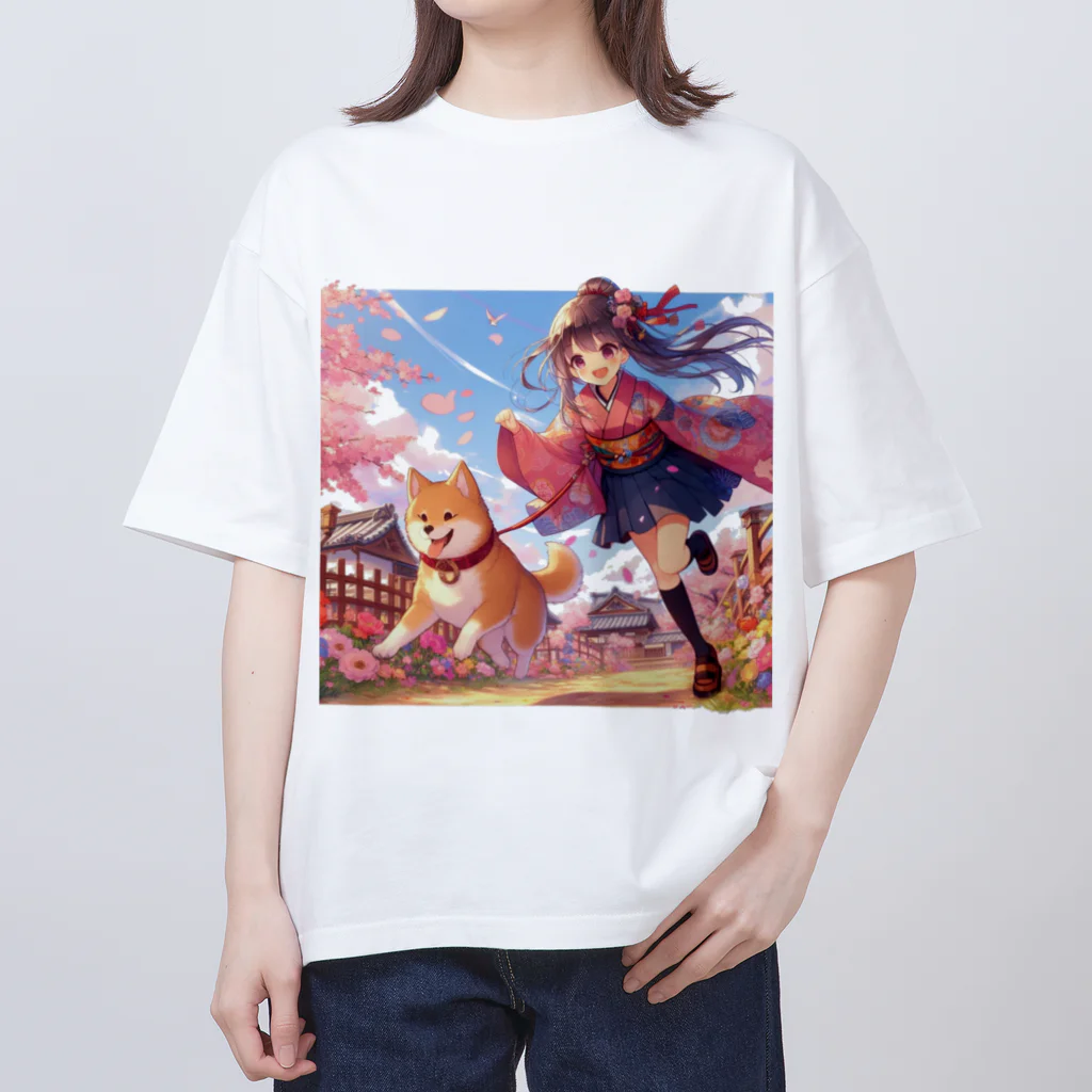 推しの美少女とアイドルの桜の中を犬と走る女の子 Oversized T-Shirt