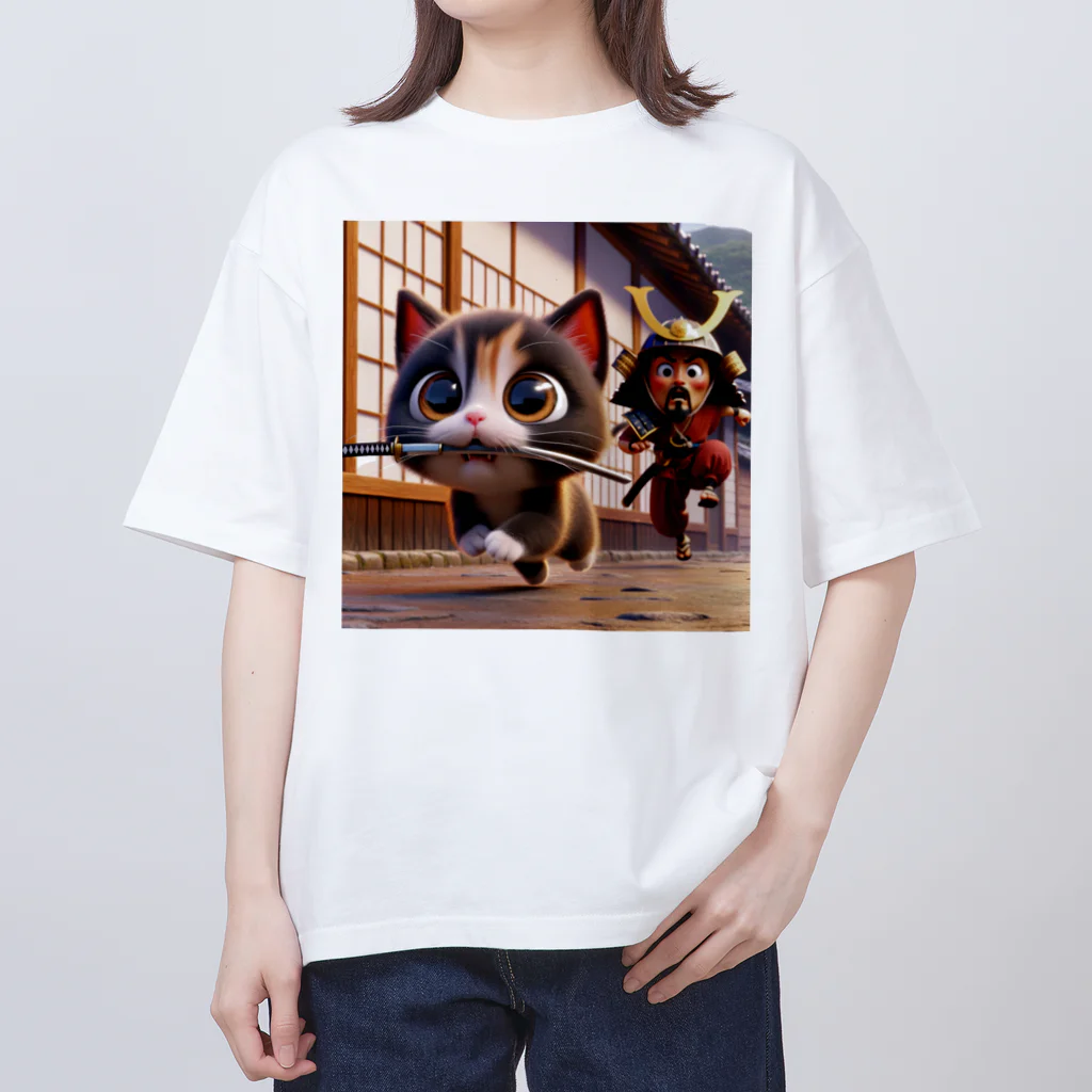 andanteのわくわくshopの猫と侍と刀 オーバーサイズTシャツ