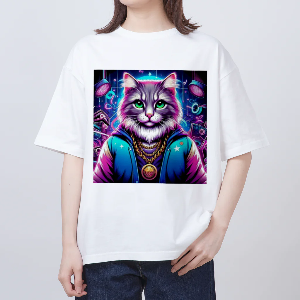 AIフォトSHOPのイケ猫DJ オーバーサイズTシャツ