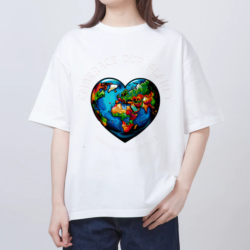 KULIEITAの地球の日　Earth day 地球　ハート　ブルー オーバーサイズTシャツ