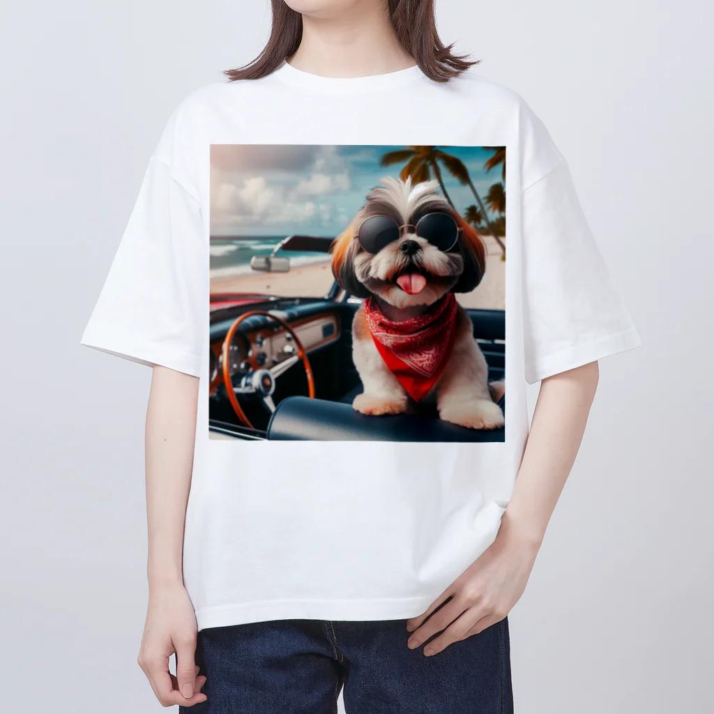 wanko_daisukiの海辺のシーズー（オープンカー） オーバーサイズTシャツ