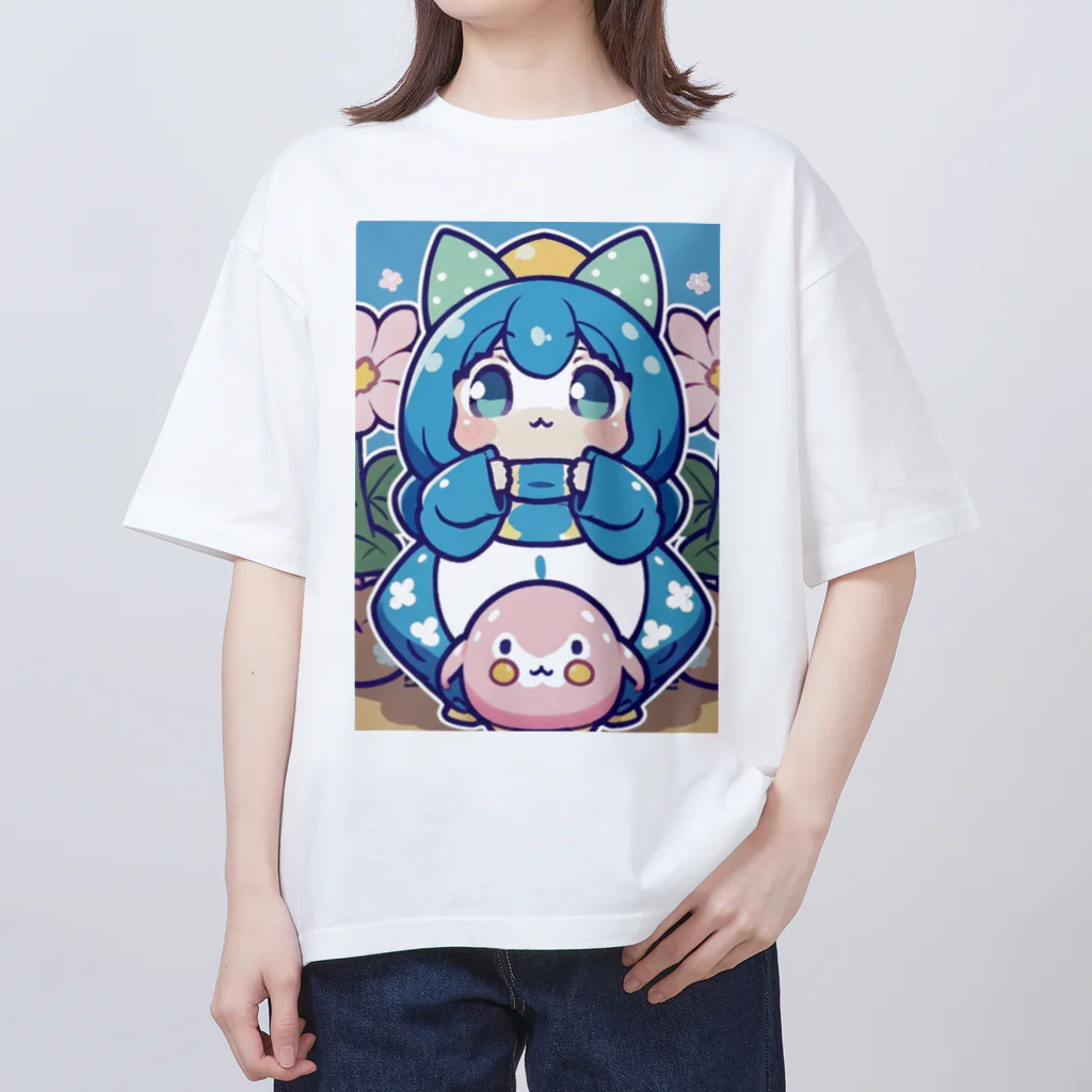 カピパーラ🐻の青い髪の姫とピンクのかわいい生物♪ オーバーサイズTシャツ