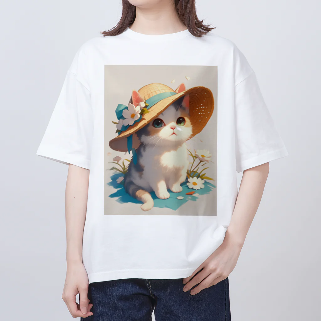 AQUAMETAVERSEの帽子をかぶった可愛い子猫 Marsa 106 Oversized T-Shirt