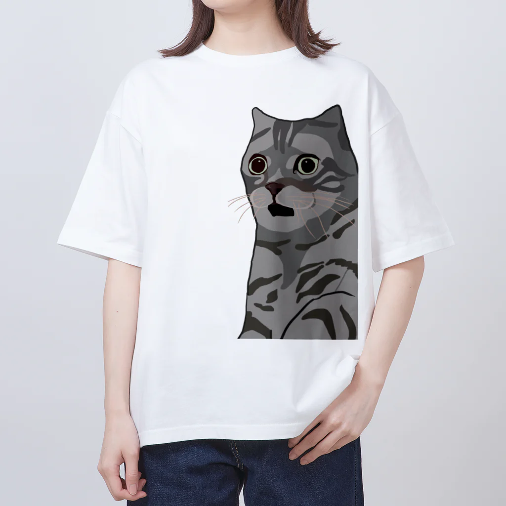 手書きイラストで猫ミームの困惑する猫 オーバーサイズTシャツ