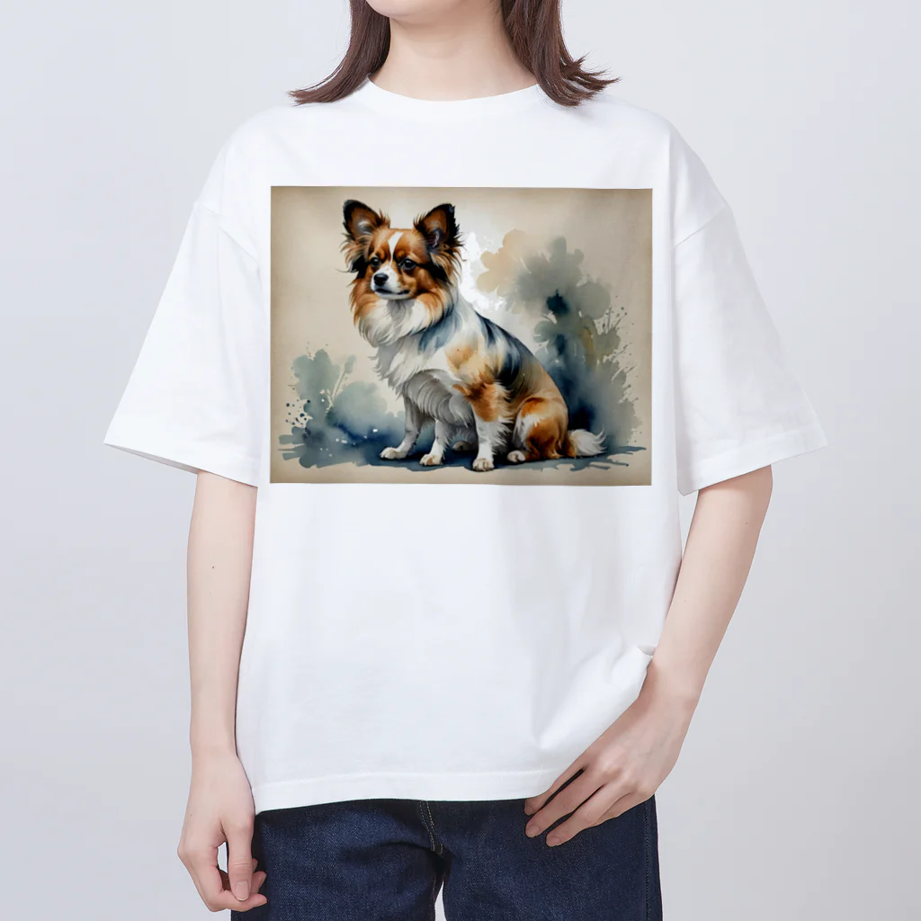 Animal Illustration shopのパピヨン　Papillon　水彩画風 オーバーサイズTシャツ