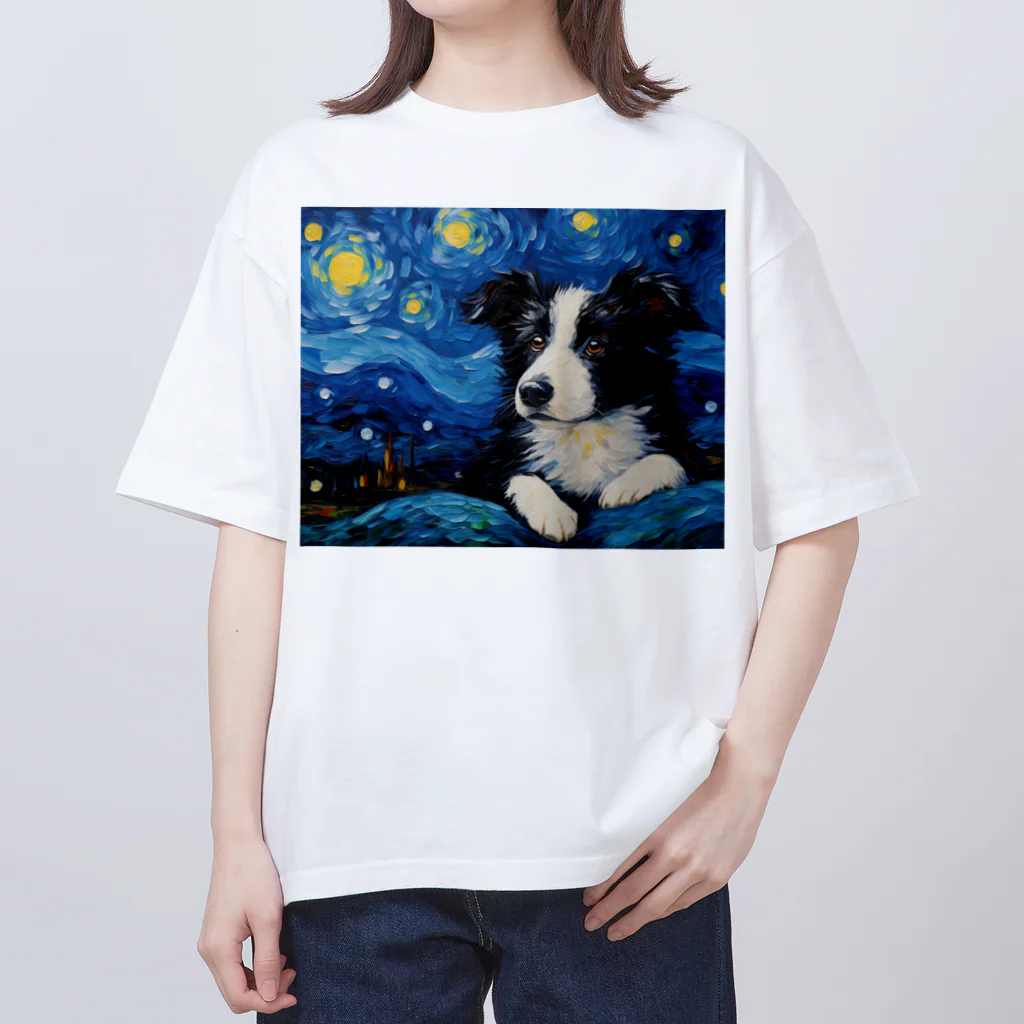 Dog Art Museumの【星降る夜 - ボーダーコリー犬の子犬 No.1】 オーバーサイズTシャツ