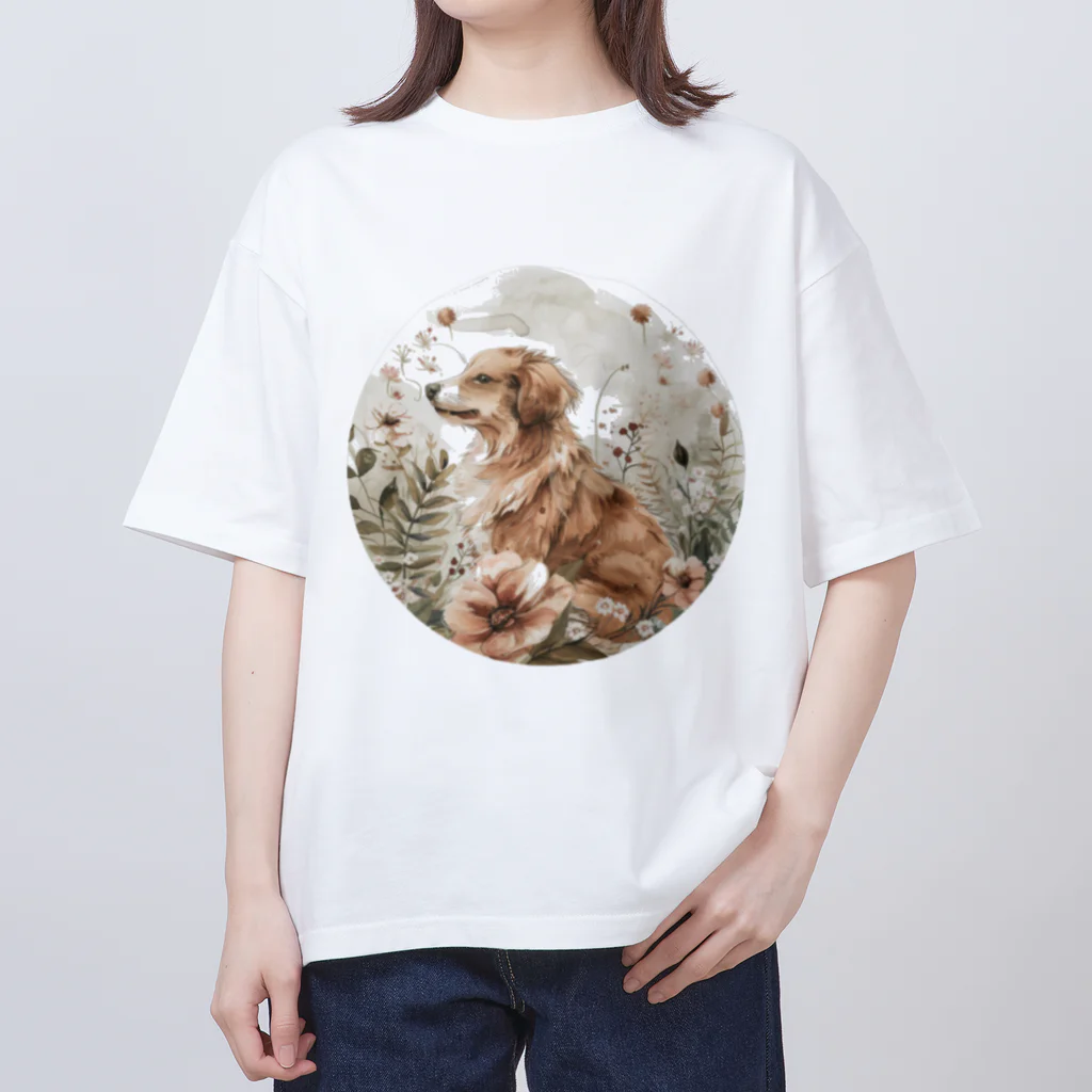 Petia Bloomの愛らしい花とキュートな犬 オーバーサイズTシャツ