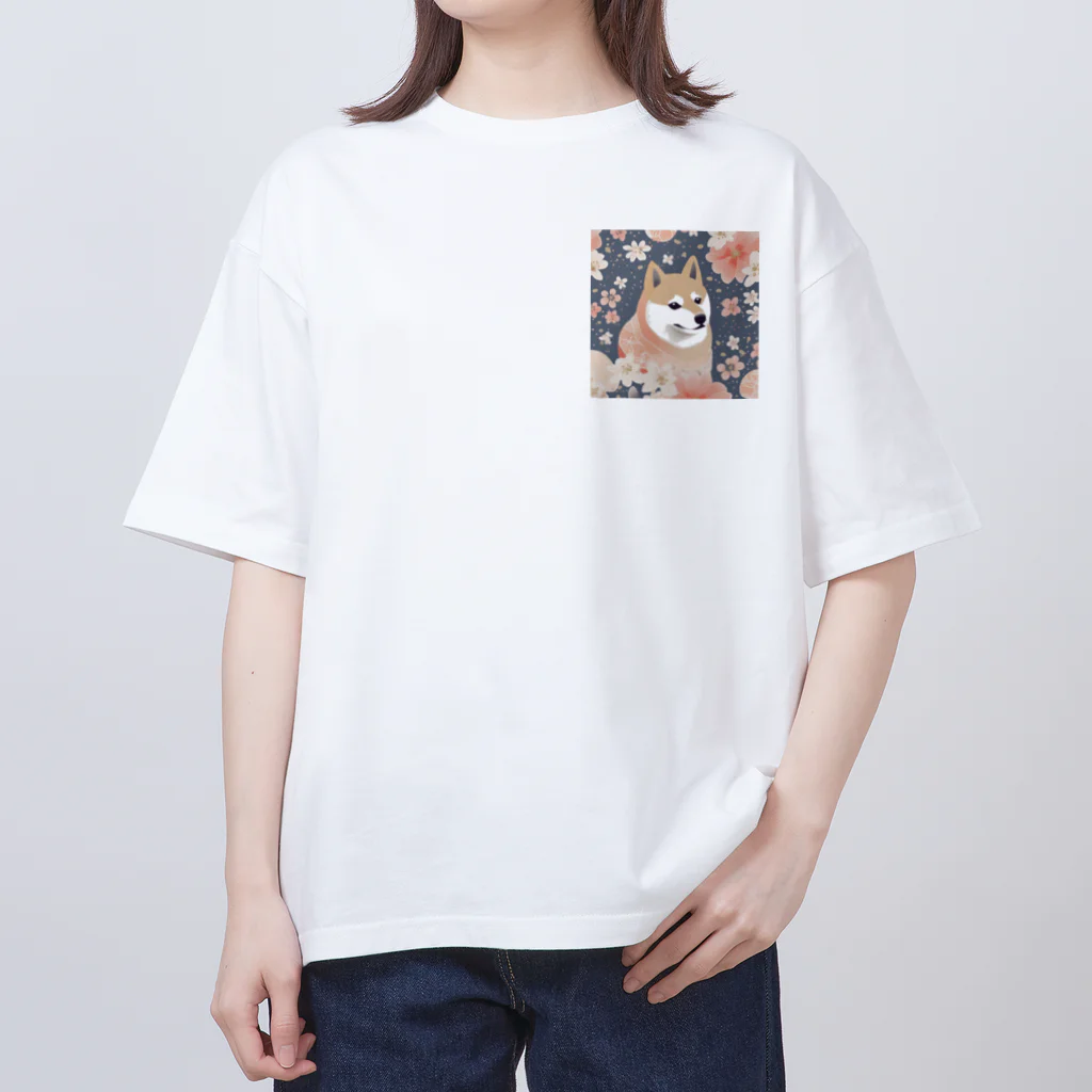 Grazing Wombatの日本画風、柴犬と桜２-Japanese-style painting of a Shiba Inu with cherry blossoms 2 オーバーサイズTシャツ