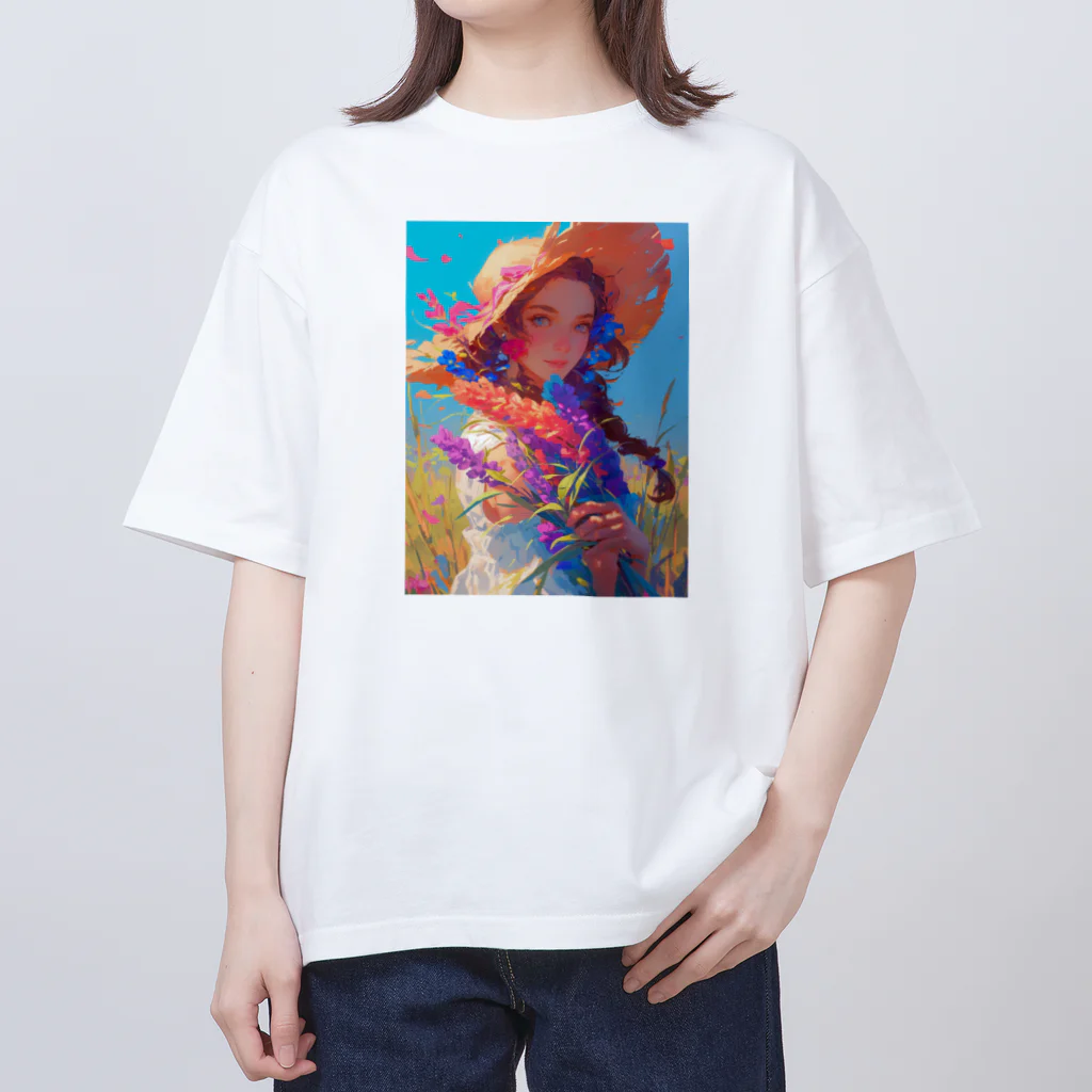 AQUAMETAVERSEのツバの広い帽子と春の花　ラフルール　1859 オーバーサイズTシャツ