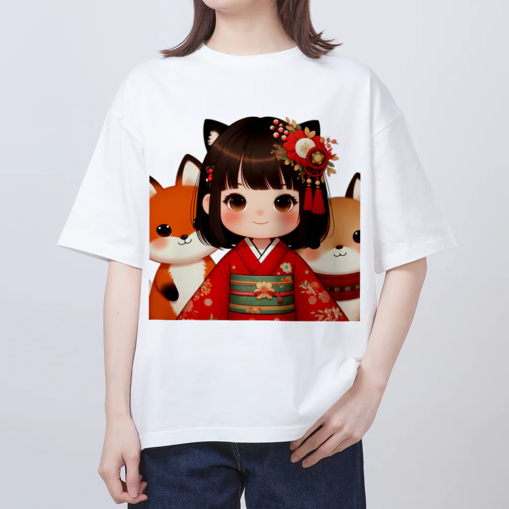 まんまるちゃんの狐娘とかわいい狐 オーバーサイズTシャツ