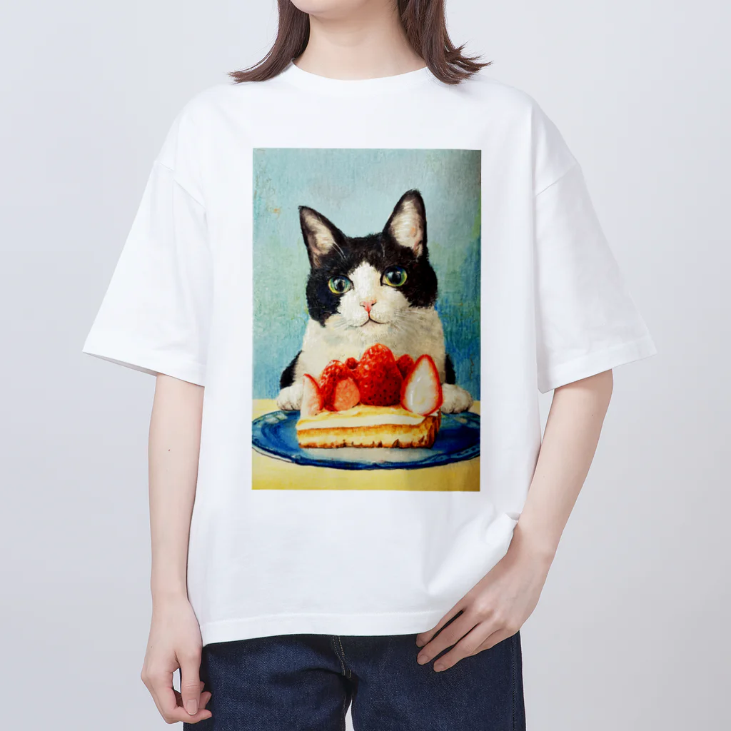 猫竹（nekotake)のいちごタルトケーキと黒白猫ちゃん オーバーサイズTシャツ