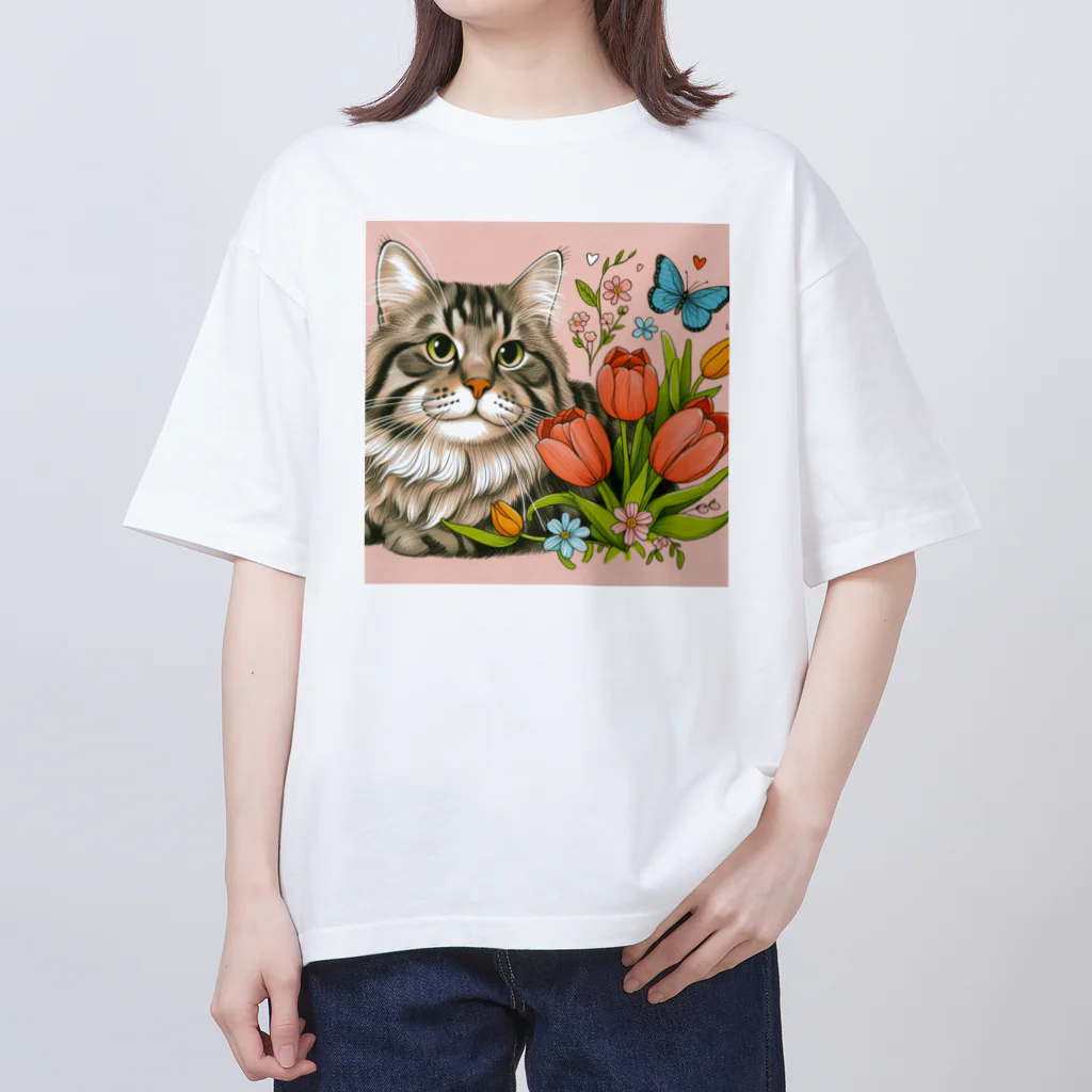 Y m @Y's shopの猫とチューリップ オーバーサイズTシャツ