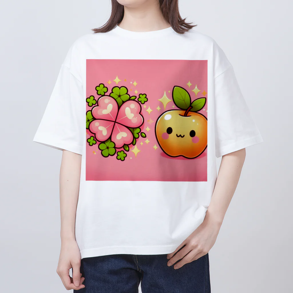 金運上昇金のリンゴの恋愛運アップの金のリンゴとピンクのクローバー オーバーサイズTシャツ