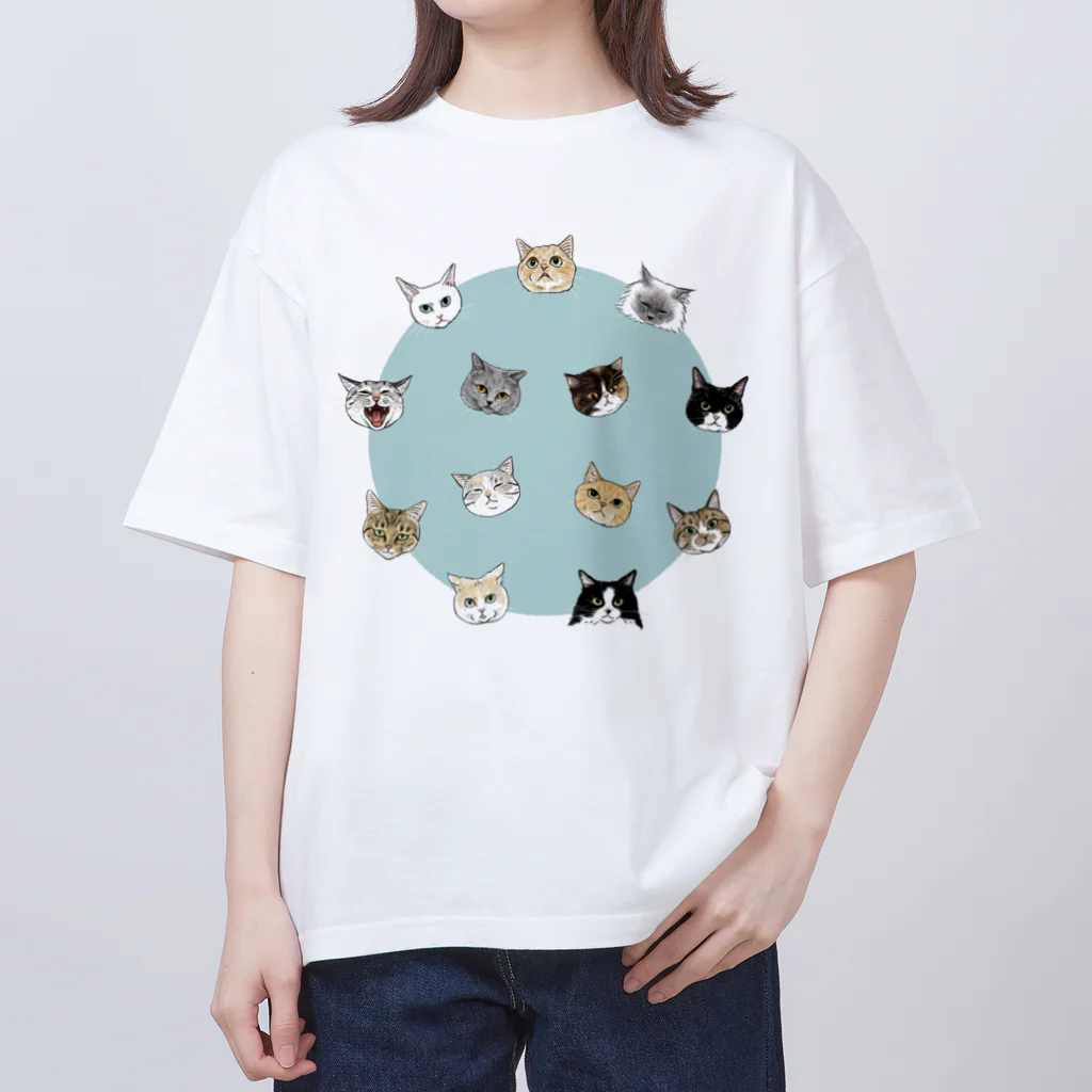 kaoru@nekomangakakuyoのねこねこまぁーるく集合 オーバーサイズTシャツ