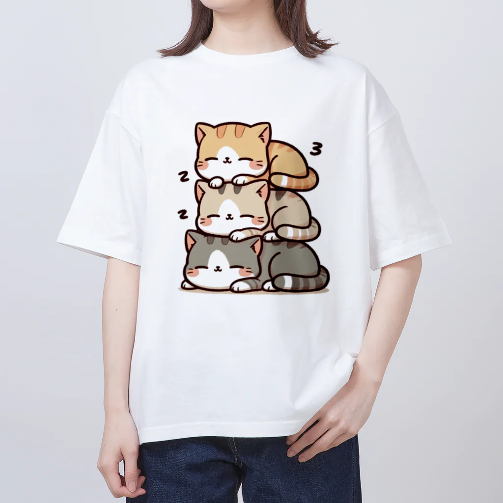 ussi-cowの可愛いネコのイラストシャツ（団子ネコ三段ver） オーバーサイズTシャツ