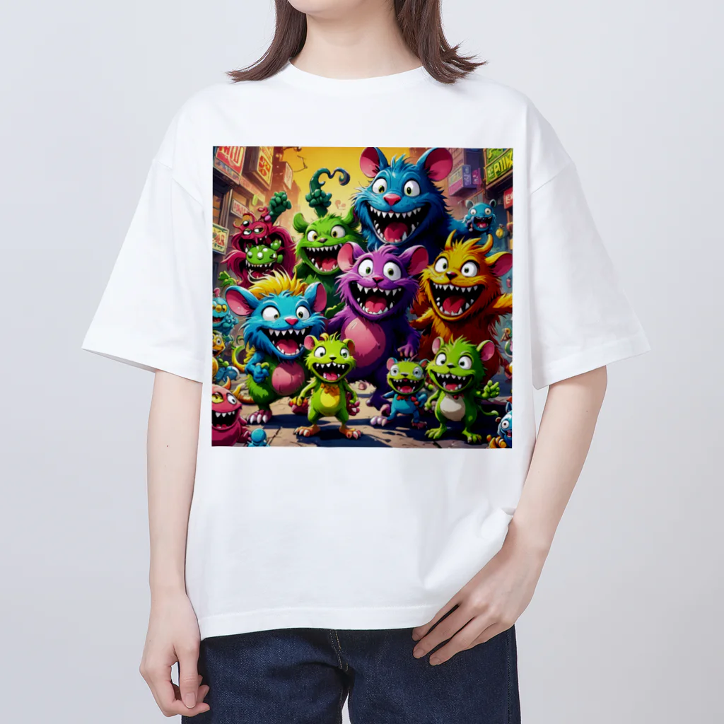 LEAD !のモンスターの親子が笑顔で楽しそうに遊んでいる風景 Oversized T-Shirt