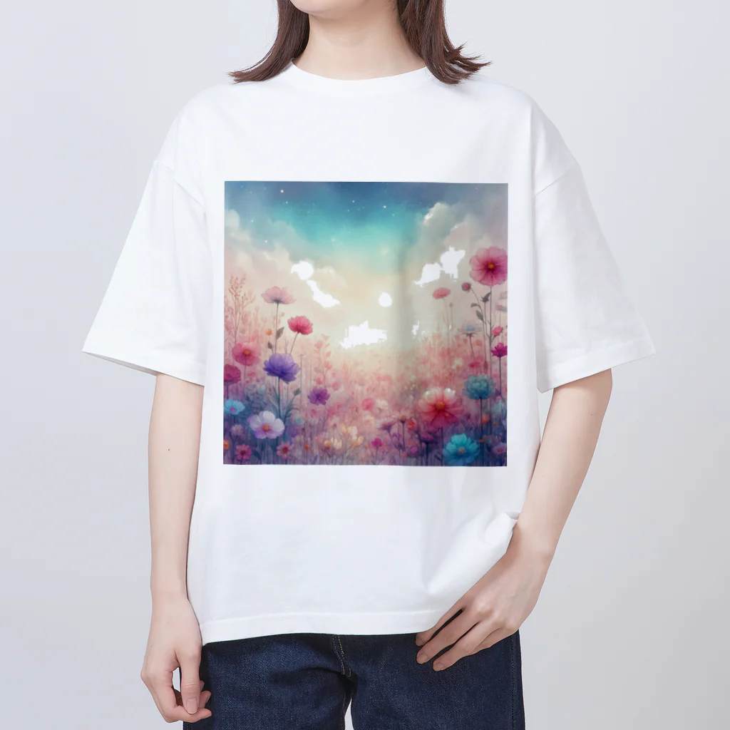 花とイロドリ。の水彩タッチの花畑 オーバーサイズTシャツ