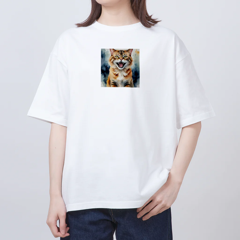 おさけふざけ＠アル中戦隊の怒った猫の表情が鮮やかに描かれた水彩画 オーバーサイズTシャツ