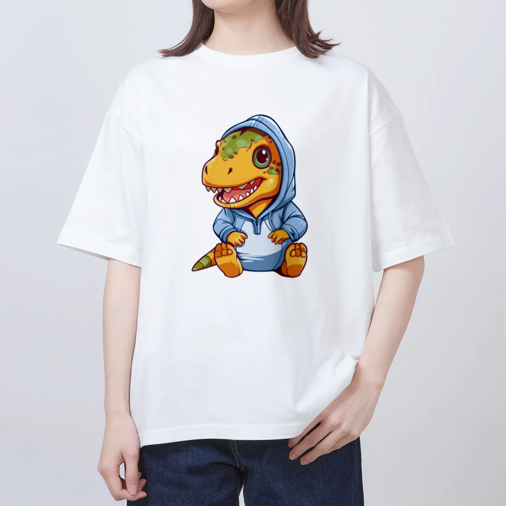 Vasetti_pressの青パーカーを着たティラノサウルス オーバーサイズTシャツ