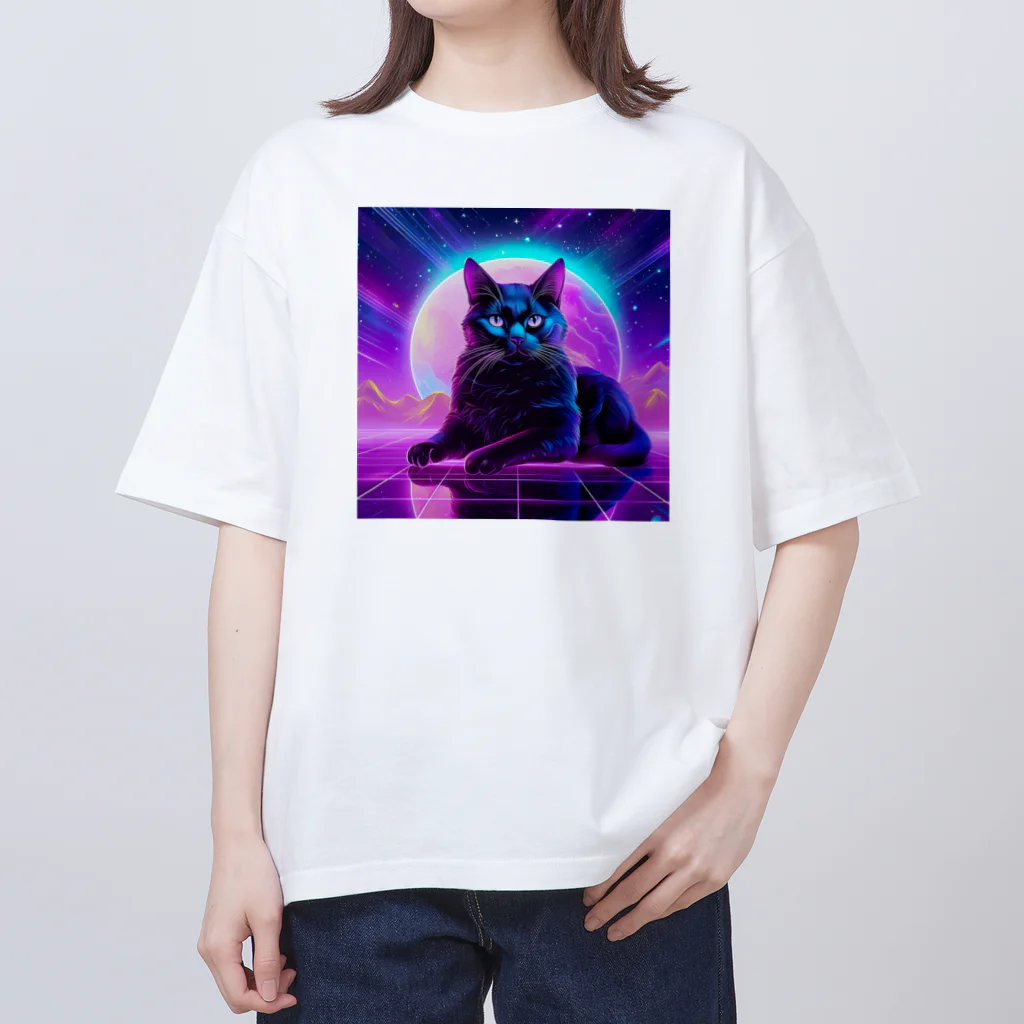 黒猫ファブリックのBlack Cat in The VaporWave World.(蒸気波世界のクロネコ) オーバーサイズTシャツ