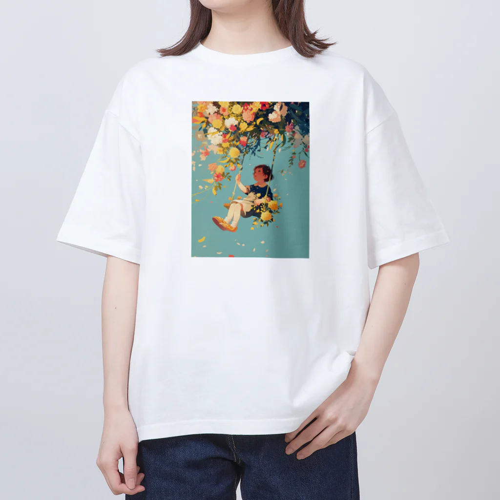 AQUAMETAVERSEの花ブランコに揺られ喜ぶ女の子　ラフルール　1859 オーバーサイズTシャツ