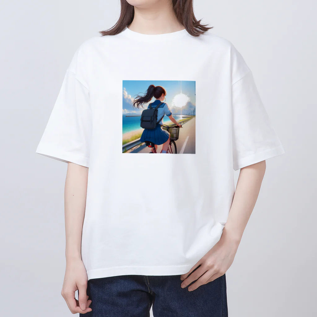 ふりむいての海岸沿いの風、自転車を漕ぐ女の子 オーバーサイズTシャツ